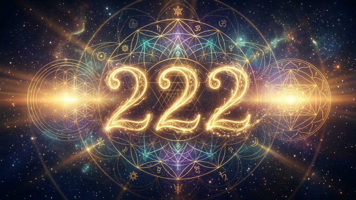 222 Angel Number Meaning - Luminous golden number 222 glowing above intricate sacred geometry mandalas