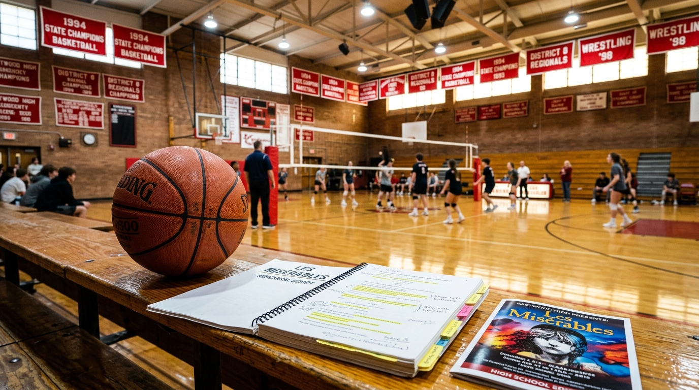 High School Musical Cast - High school gymnasium hardwood court with basketball and rehearsal playbill on bleachers