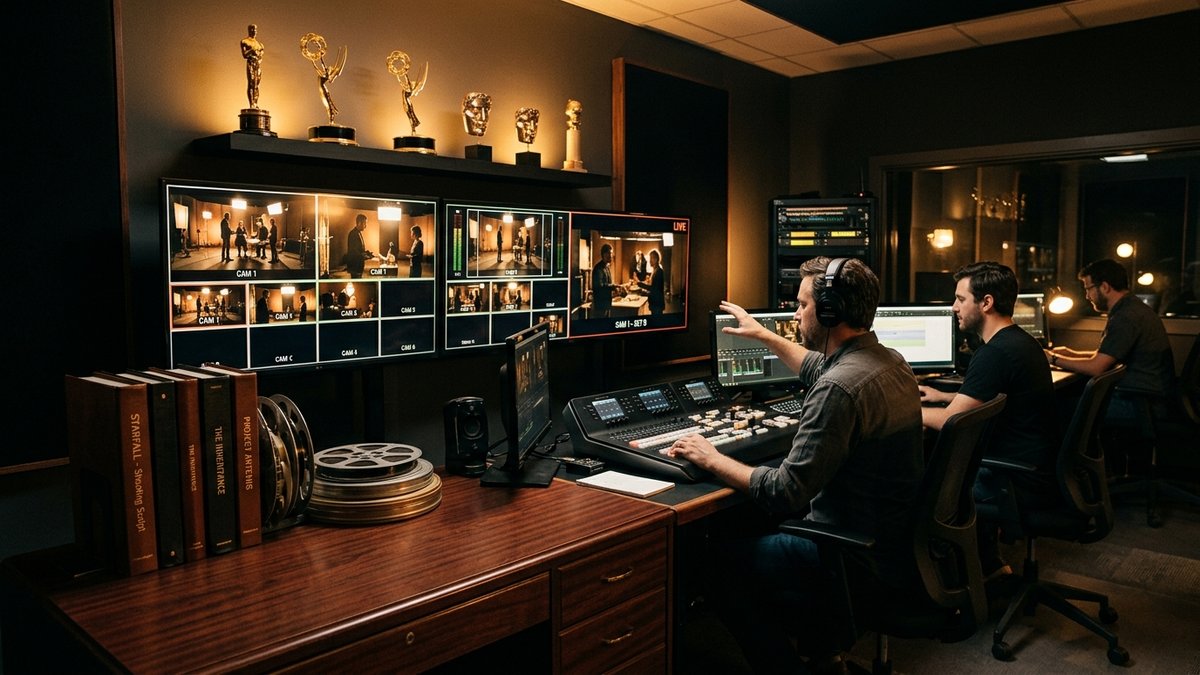 Oliver Platt Movies and TV Shows - Television production control room with screens displaying dramatic scenes and awards