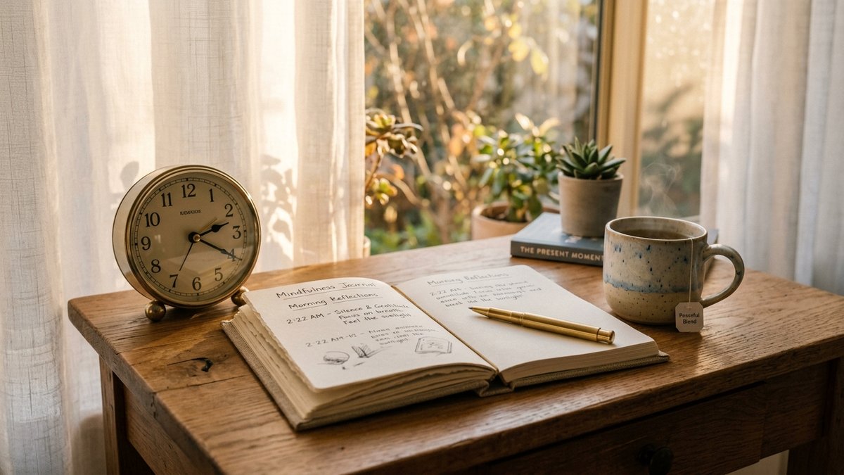 222 Angel Number Meaning - A peaceful morning wooden desk with an analog clock displaying 2:22 and an open mindfulness journal