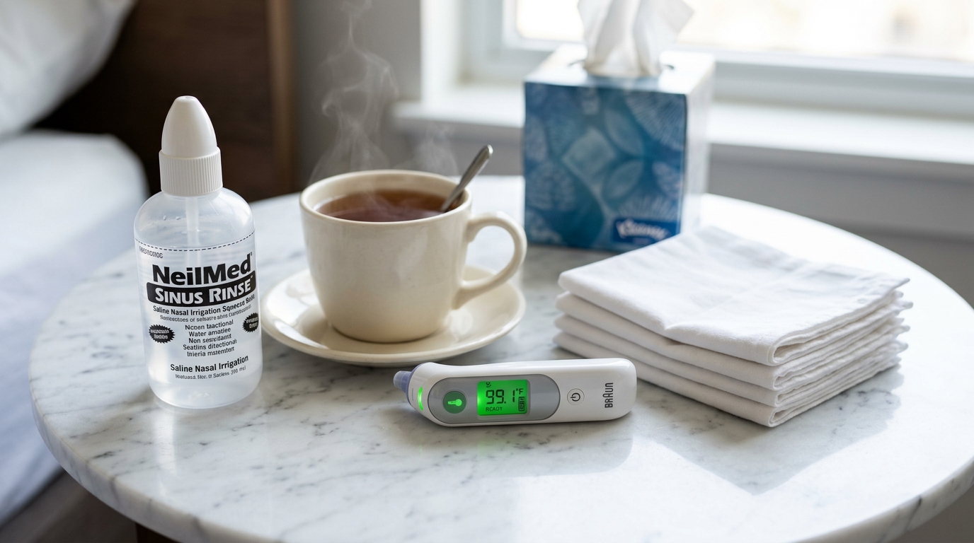 Sinus Infection Symptoms - Saline nasal irrigation bottle, warm herbal tea, and clinical thermometer on table