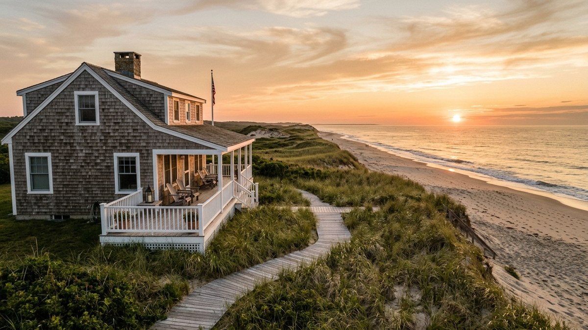 Where To Watch The Summer I Turned Pretty - Scenic coastal New England beach house overlooking ocean dunes at sunset
