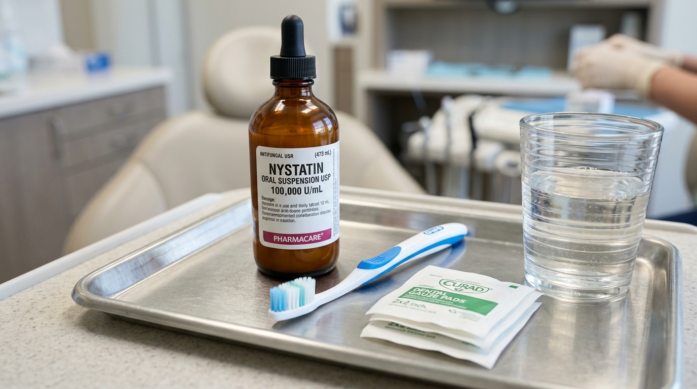 Thrush in Mouth Treatment - Nystatin oral suspension dropper bottle, soft toothbrush, and saline rinse on dental tray