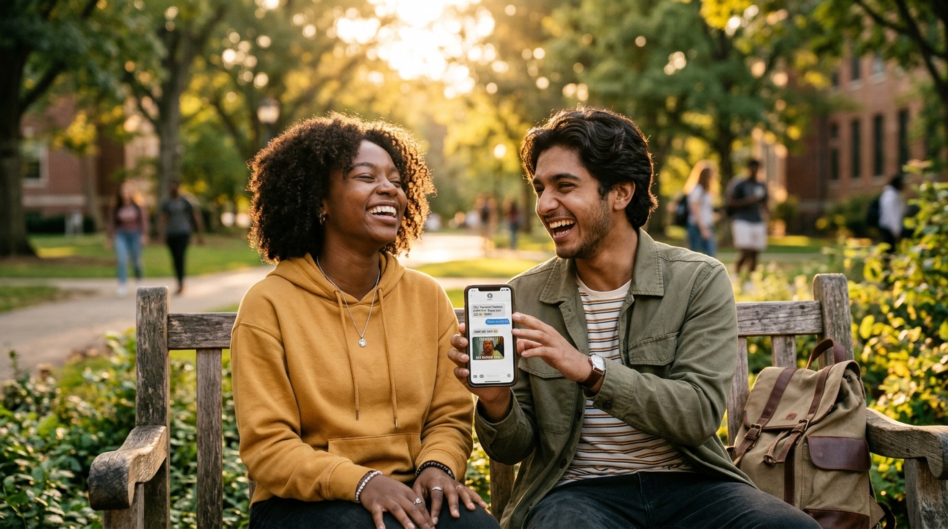 What Does PMO Mean in Text - Two friends sharing phone screen and discussing Gen Z social media acronyms outdoors