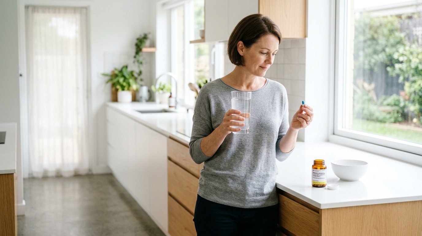 What Is Doxycycline Used For - Patient standing upright drinking a full glass of water with medication in bright modern kitchen