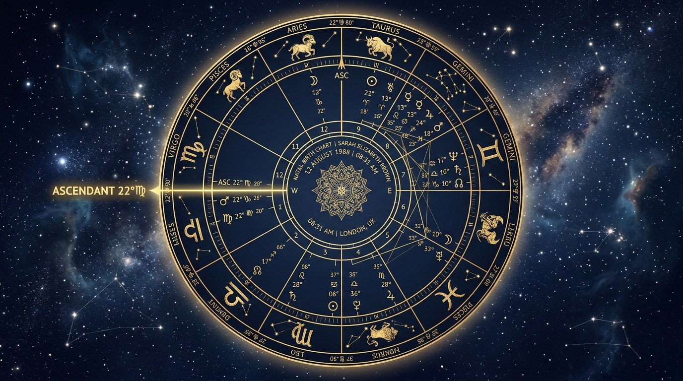 Astrological birth chart wheel displaying the ascendant rising sign on the eastern horizon