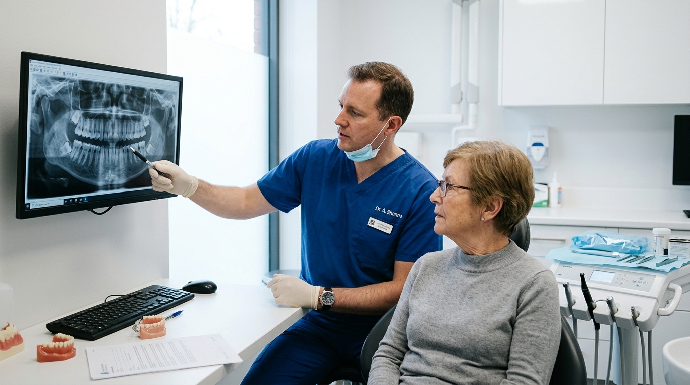 Dental surgeon and patient reviewing digital panoramic CBCT X-ray for impacted wisdom teeth
