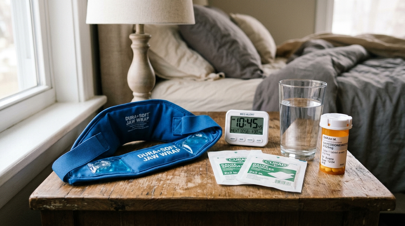 Home bedside recovery setup with jaw wrap ice pack, sterile gauze, and water