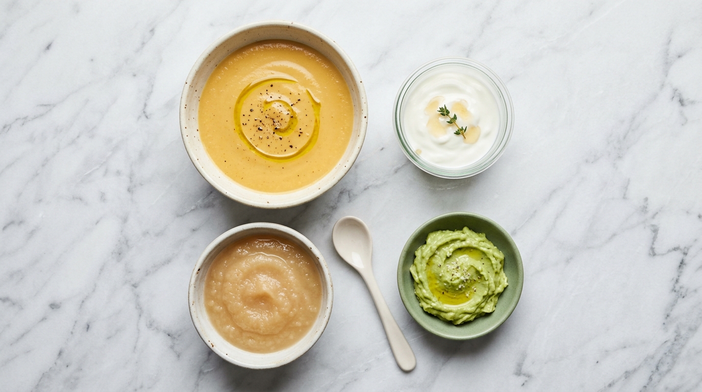 Nutritious soft food recovery meal spread with pureed vegetable soup, yogurt, and mashed avocado