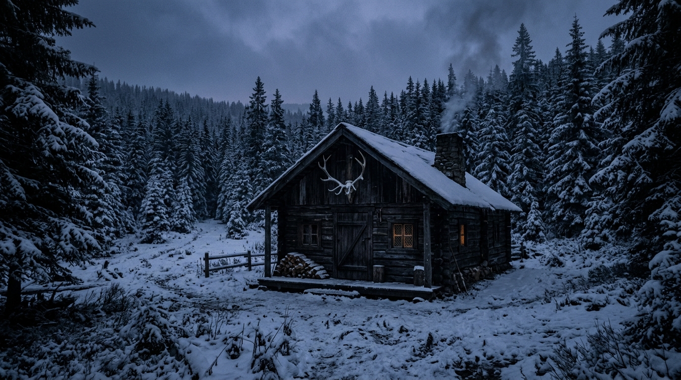 Yellowjackets Season 4 - Snowy wilderness wooden cabin with antlers mounted over the doorway during Ontario winter