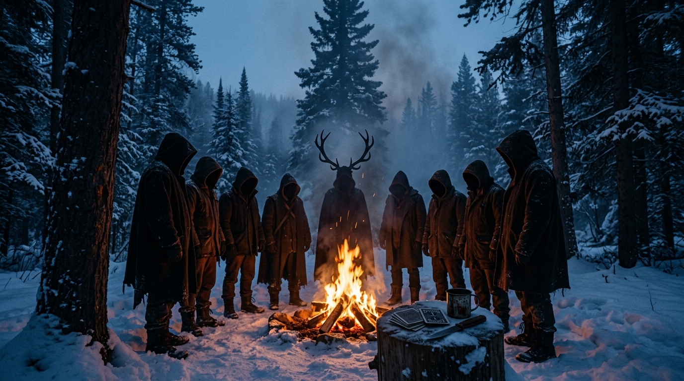 Yellowjackets Season 4 - Snowy wilderness ritual circle around campfire with antler headpiece and survival playing cards